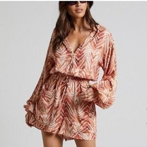 Showpo Amalie The Label Lotte Linen Blend Long Sleeve Playsuit Tonal Zebra SZ 4